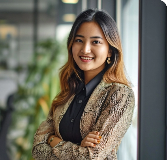 A young asian woman smiling in front of a window.