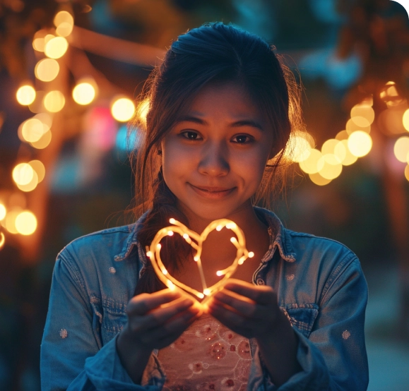 A girl holding a heart shaped string of lights in front of a tree.