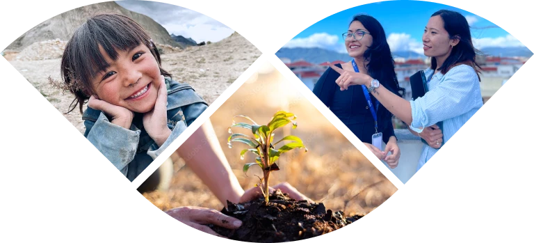 A collage: From left to right; young girl with hands under chin, cupped hands holding tree and two female office workers. 