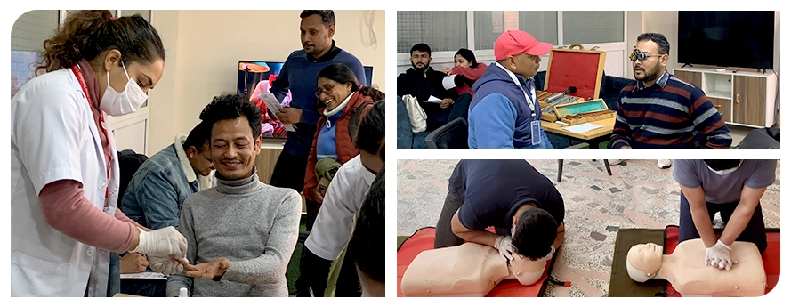 Collage of employee wellness programs: blood donation drive, eye check-up, and CPR demo in first-aid training