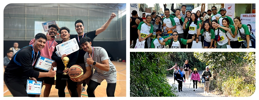 Collage of employee wellness programs: basketball competition win, corporate marathon, and group hike.