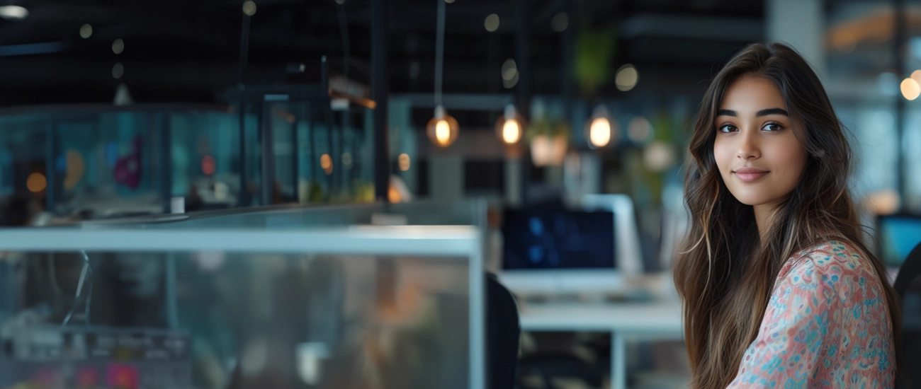 A girl looks working in her cubicle in an open office